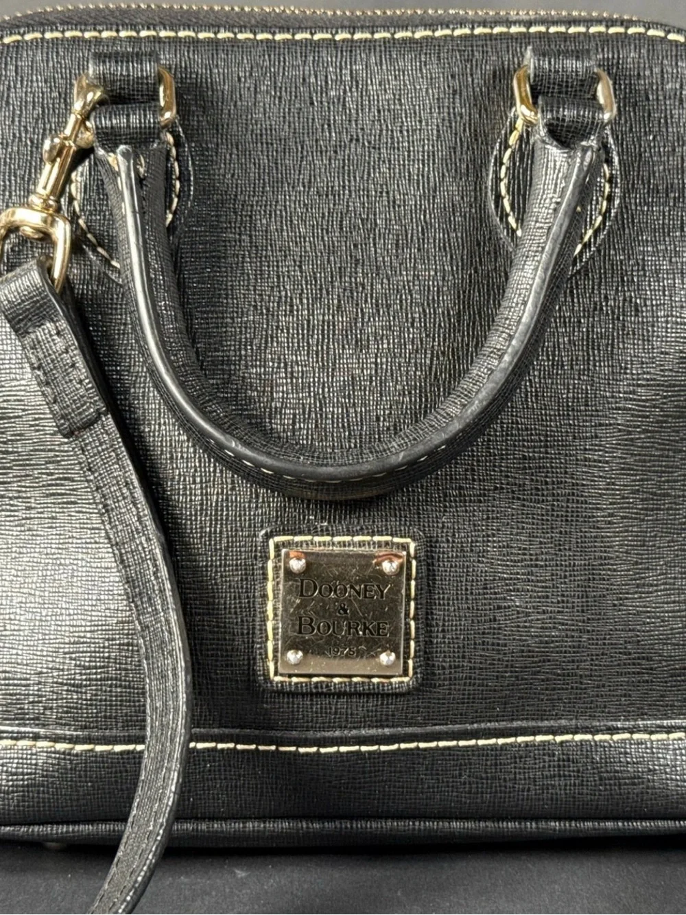 Dooney & Bourke Saffiano Leather Black Handbag with Gold Plaque